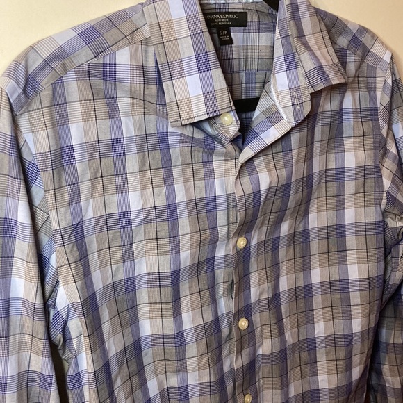 BANANA REPUBLIC💫Mens Blue/Gray Plaid Non-Iron Dress Shirt - Picture 3 of 8